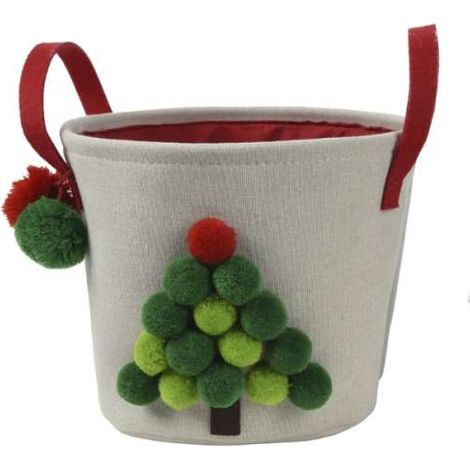 Decoris Basket Beige - Cesta Rotonda con Pompon - 25x20,5 cm