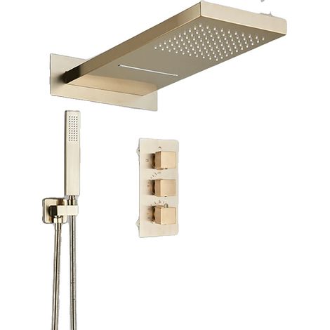Ensemble de robinet de douche, vanne mélangeuse thermostatique, design monté au mur, Or brossé A (1/2)