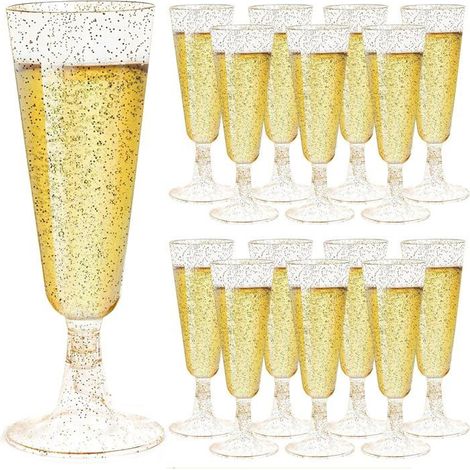 20 flûtes à champagne en plastique, paillettes dorées, 150 ml, réutilisables, pour fêtes et mariages