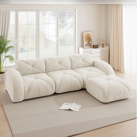 Divano modulare a L 3 posti in chenille beige chiaro senza montaggio con pouf (1/5)
