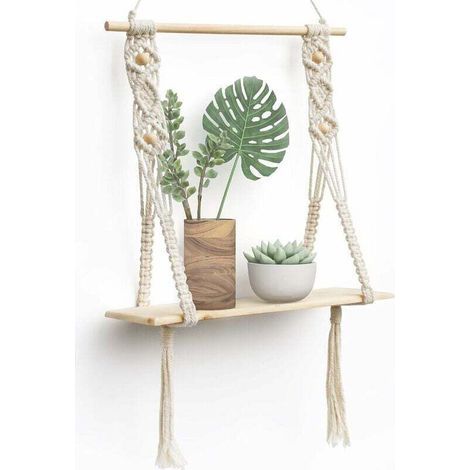 Etagere Murale Bois Macramé Boheme Deco Plantes Simple Houppe Manuel Tissé Chambre Salon WC Etagere Suspendue Corde - (1/5)