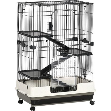 Cage métallique à trois niveaux avec plateau, adaptée aux rongeurs, lapins et furets, équipée de 4 roues, dimensions 81,2 x 52,7 x 114 cm, noire.