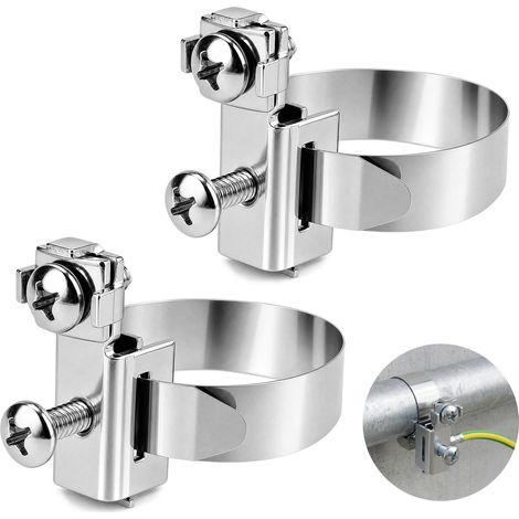 2 Pièces Collier de Mise à la Terre pour Tubes, Ruban de Terre, Bride de Terre Ø8-52mm, Collier en Acier Inoxydable V2A, Raccord Zingué, pour Fixation de Câbles, Tableaux Électriques et Parafoudres (1/5)