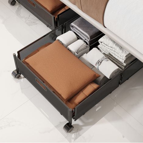 Boîte de Rangement Sous Lit avec Roues, en Métal Noir - Panier de Rangement Pliable pour Couvertures, Vêtements, Chaussures et Accessoires, Organisation pour Chambre