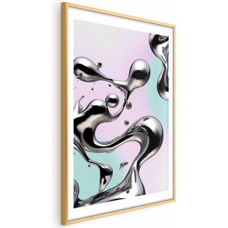Poster – Metallische Fließkräfte – abstrakte silberne Formen auf mintviolettem Hintergrund (1/4)