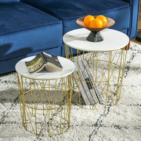 2er-Set moderner, stapelbarer Couchtische mit abnehmbarem Ablagefach, Couchtisch mit Stauraum für Wohn- und Schlafzimmer, Weiß und Gold