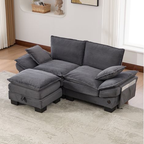 2-Sitzer Sofa 190x132x84 cm dunkelgrau Cord mit Hocker, Stauraum, USB-C und Seitentaschen (1/5)