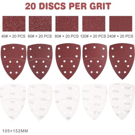 Jeu de feuilles abrasives de 100 triangles abrasifs, 105 x 152 mm11 trous chaque grain 20 x 40/60/80/120/240 pour ponceuse multiple Eponge abrasive et cale à poncer (1/5)
