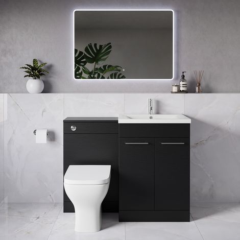 Napoli 460 Nero Oak 1100mm 2 Door Vanity Unit Toilet Suite with Glide Basin - 1100mm - Chrome 160mm HandleWith Kingston Toilet Pan and Seat