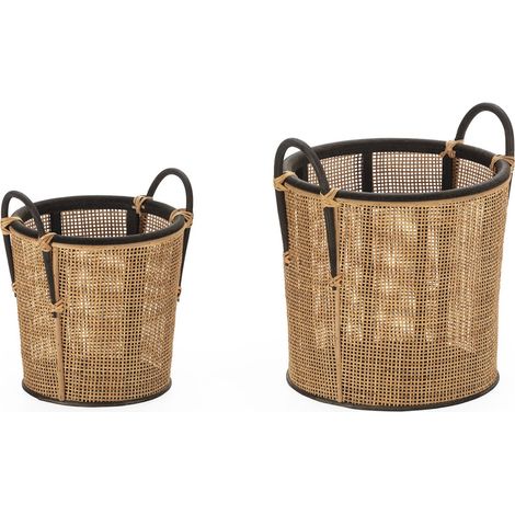 Panier déco rotin et bois d'épicéa noir naturel poignée élégante - Naturel rotin et noir profond