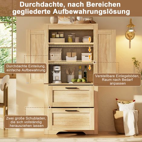 Meuble de rangement cuisine rustique, 2 tiroirs, étagères ajustables, armoire latérale porte de grange, finition bois clair, parfait pour salon, salle à manger et cuisine. (1/5)