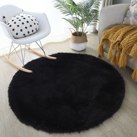 Tapis rond pour salon, moquette ronde de 120cm de diamètre, tapis de sol pour chambre, séjour et coin lecture, noir (1/5)