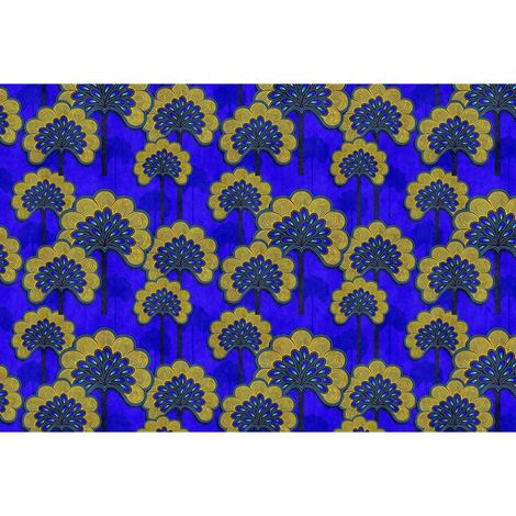 Papier peint panoramique nature bleu & jaune Tapisserie à motifs tissu africain pour couloir Papier peint panoramique floral idéal pour chambre (1/2)