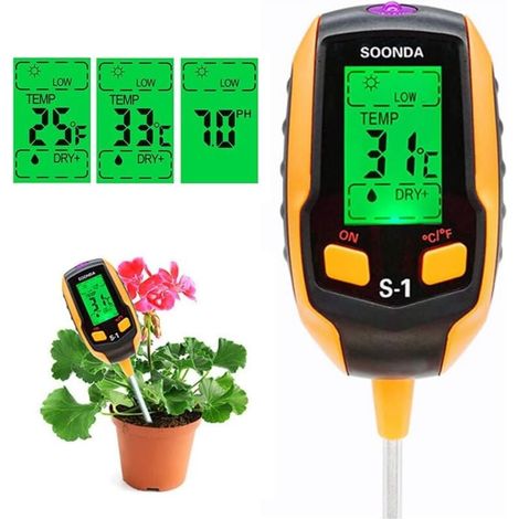 Testeur de sol 4 en 1, testeur d'humidité, pH mètre, kit de test numérique de sol, pH température du sol, lumière du soleil, test d'acidité pour jardin, ferme, pelouse, plantes d'intérieur (1/4)