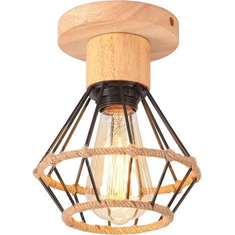 Ceiling Light E27 Indoor Ceiling Lights Vintage Metal and Wood Pendant Light Shade Hemp Rope Industrial Diameter 160 mm for Living Room Bedroom Cuicine (1/5)