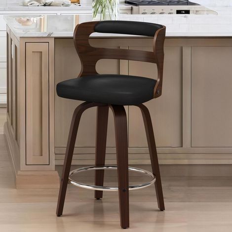 Tabouret de bar pivotant 360° avec dossier et accoudoirs, assise similicuir noir, structure bois noyer, 66 cm (1/5)