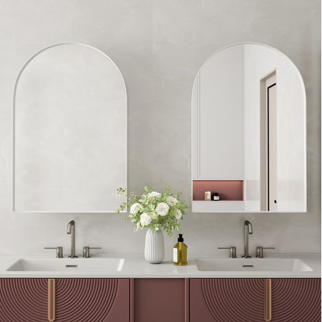 Meuble de salle de bain miroir arqué 91 x 61 x 12 cm, blanc, en métal et verre trempé HAVRYA (1/5)