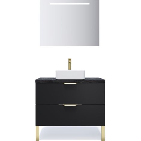 Meuble de salle de bain suspendu vasque à poser 90cm 2 tiroirs Noir + miroir - Venice (1/5)