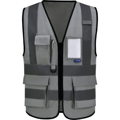 21 Couleurs 7 Poches de Classe 2" Gilet de sécurité Gris Haute visibilité Devant avec des Bandes réfléchissantes, Unisexe (1/4)