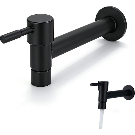 Robinet Lave Main Eau Froide - Robinet Mural En Acier Inoxydable Noir Mat - Accessoire Salle De Bain, Pour Lavabo, Balcon, Cuisine - Robinet Eau Froide Uniquement (1/5)