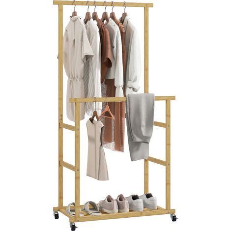 Portant à vêtements en bambou avec 2 barres, étagère inférieure et 4 roulettes, 80 x 40 x 160 cm, bois naturel (1/5)
