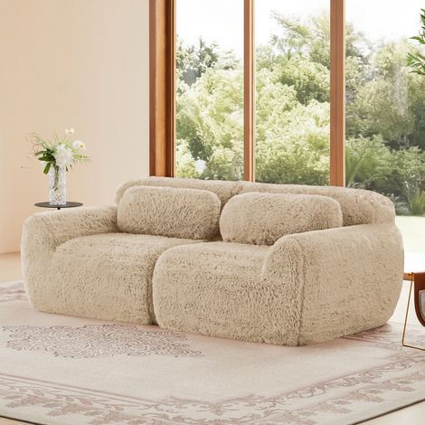 Canapé 2 places - 204x104x73 cm - modulable et combinable à volonté - avec coussins - tissu peluche - kaki (1/5)