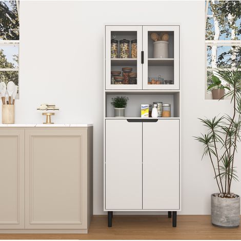 Armoire de rangement haute blanche en MDF avec 4 portes dont 2 vitrées et étagère réglable (1/5)