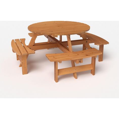 Costway – Table de pique-nique ronde en bois sapin 110 cm – 4 bancs intégrés – Trou de parasol 5 cm – Pour 2 à 8 personnes – Dimensions 179 x 179 x 70 cm