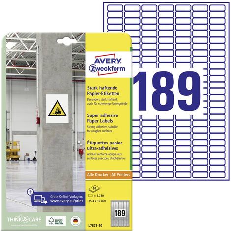Avery-Zweckform L7871-20 Etichetta super resistente 25.4 x 10 mm Carta Bianco 3780 pz. A tenuta permanente, A tenuta fo