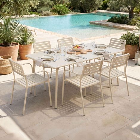 Table de jardin 180 cm + 6 fauteuils empilables en métal beige - BACA (1/5)
