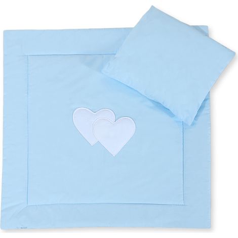 Set di biancheria per passeggino con imbottitura, piumone e cuscino - Cuori blu