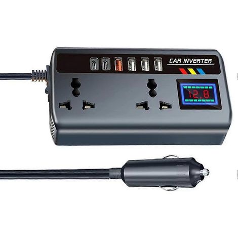 Convertisseur onduleur pour voiture 12V/24V vers 220V avec ports de charge rapide, chargeur automobile portable et 3 ports USB. (1/5)