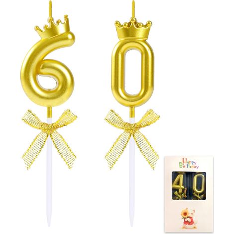 Bougie dorée en forme de chiffre 60 avec couronne pour garçon et fille - Décoration de gâteau d'anniversaire ou d'anniversaire de mariage (1/5)