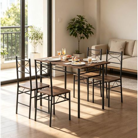 Mesa y 4 sillas de comedor 110x70x76 cm MDF y metal marrón, montaje fácil FloraGrace (1/4)