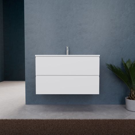 Inda - Badezimmerschrank B.100 mit mattem Waschbecken / Mattweiß 2 Schubladen - Rubin
