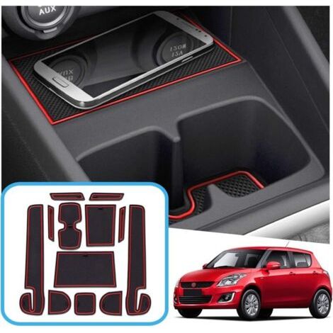 Tapis de voiture caoutchouc Suzuki Swift/Sport/Hybrid 2017-2022 - Tapis de console centrale, porte-gobelet et joint de porte (rouge) (1/4)
