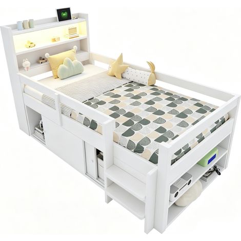 Lit enfant 90 x 200 cm multifonction avec rangements, LED, ports USB et barrières de sécurité, structure compacte en bois blanc pour petite chambre  CHICFURN (1/5)