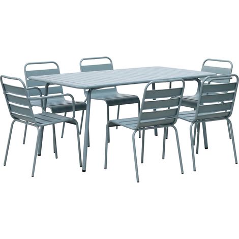 Ensemble table + 4 chaises + 2 fauteuils en métal bleu gris - BACA