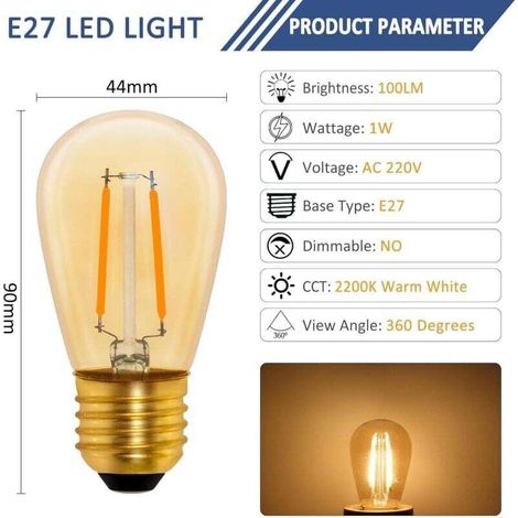 S14 Ampoule LED à Filament Vintage E27, 1W Amber Edison Remplacement 10W Incandescence, Non Dimmable, Blanc Chaud 2200K, AC 220V, Lot de 6 (1/3)