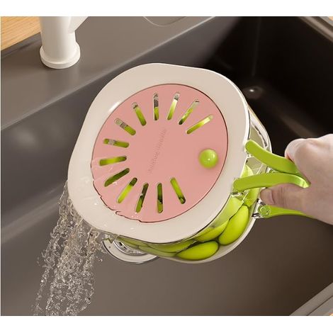 2-in-1 Obstwaschschüssel, 2 Stück Beerenfrucht-Waschschüssel mit Abtropfschale & Deckel, Gemüsewaschschüssel mit Klappbarer Griff, Obstwascher zum Waschen von Lebensmitteln, Gemüse, Obst (Rosa) (1/3)