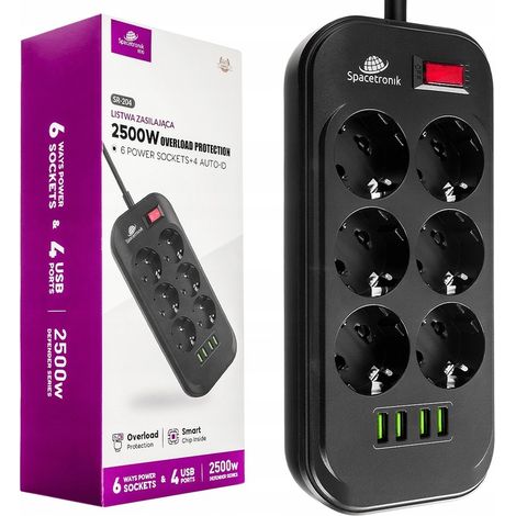 Regleta de enchufes Spacetronik SR-204 con cable alargador, 6 puertos CA y 4 puertos USB de carga rápida. (1/5)