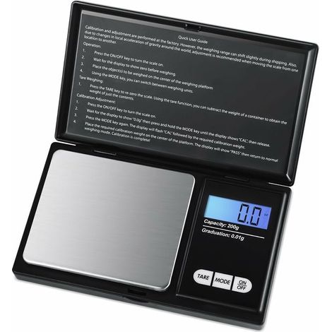 Bilancia di precisione Crezuo 200g/0.01g, piccola e ad alta precisione con display LCD retroilluminato e funzione tara (nera)-Crezuo
