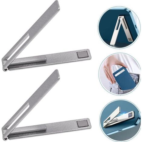 Lot de 2 supports de téléphone ultra-fins en alliage, pliables et magnétiques, fixation autocollante réglable, format portable pour maison, bureau et voyage, argent (1/5)
