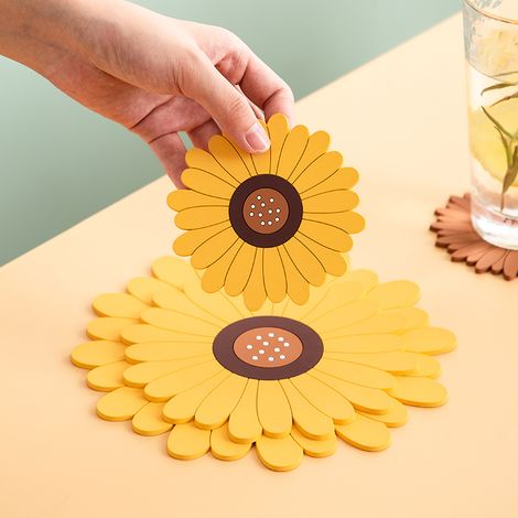 Ensemble de 3 sets de table jaunes à motif tournesol, pour tasses et bols, antidérapants/coupe-vent. (1/5)
