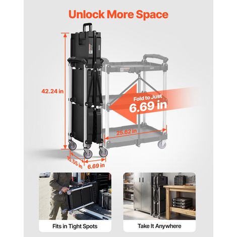 Chariot de Service 65x39x83 cm Chariot de Transport Utilitaire Pliable 3 Étagères Capacité Totale 74,8 kg 25 kg/Étagère Roues Pivotantes (2 avec Freins) pour Outils de Garage Entrepôt Bureau (1/5)