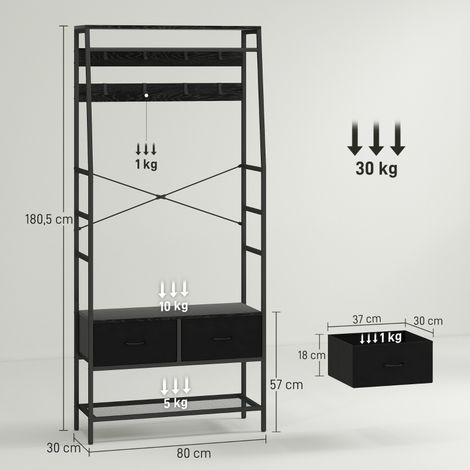 Porte-manteau, étagère à vêtements avec range-chaussures, 2 tiroirs en tissu, penderie avec 8 crochets, étagère, porte-vestes avec dispositif anti-basculement, pour entrée, couloir, chambre, noir (1/5)