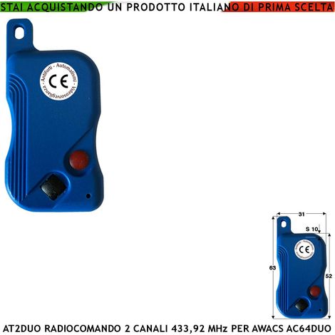 Radiocomando AT2 duo Trasmette Frequenza 433,92 MHz 2 Canali Pulsante Nero e Rosso Codici Univoci Comando e Gestione Centrale Allarme Awacs AC64 duo e AC64 Plus (1/2)