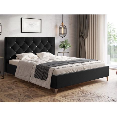 Lit capitonné avec tête de lit 140x200 velours noir Tril (1/5)