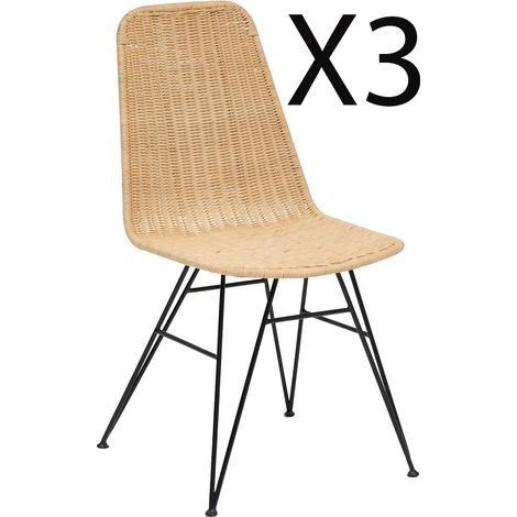 Lot de 3 chaises de salle à manger en bois de rotin coloris beige et pieds coloris noir - Longueur 46,5 x Profondeur 53 x Hauteur 86 cm -PEGANE- (1/3)