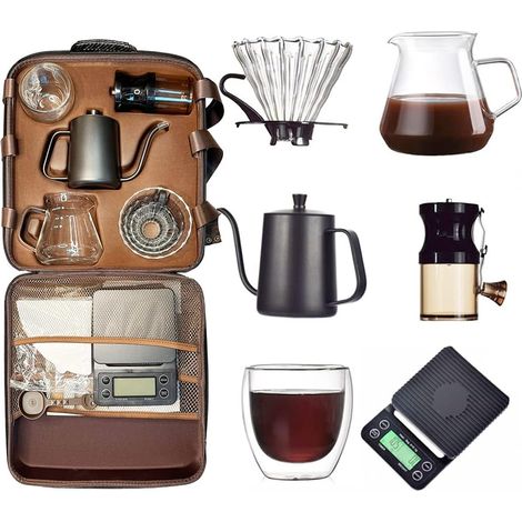 Ensemble à café complet 8 en 1 – Moulin à café manuel, filtre en verre, bouilloire, balance et accessoires – Idéal pour le camping et les voyages (1/4)